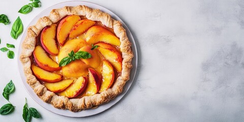 Poster - Appetite summer peach galette on a white table with copyspace. Summer open tart image for a cookbook or food blog.