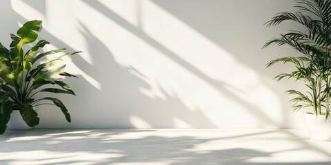 Aufkleber - Blurred shadows from natural light create an overlay effect on a white wall, serving as a backdrop for product presentations and a summer theme.