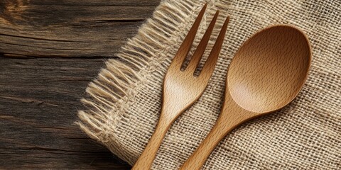 Poster - wooden fork and spoon with fabric on a table