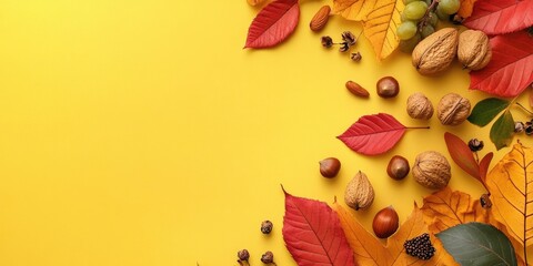 Aufkleber - A collection of vibrant leaves, pods, food, and nuts on a yellow background, still life copyspace, top view autumn arrangement, space for text.