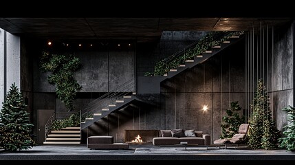 Poster - loft apartment with industrial christmas decorations and twinkling lights, 3d illustration