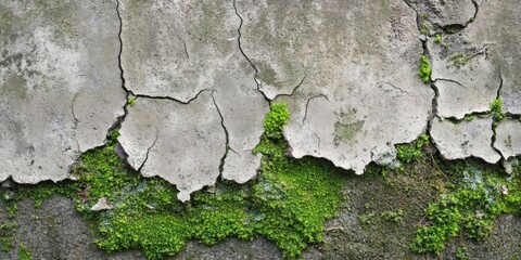Poster - Mossy and cracked old wall background idea, Close-up of worn cement texture. Flaking wall or pavement material.