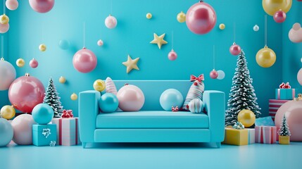Poster - Family room with oversized Christmas ornaments and playful holiday decor, 3D illustration