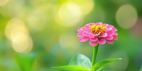 Poster - Sweet pink zinnia. Small flower with a green blurred background. Space available for copy text.