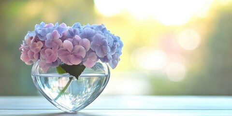 Aufkleber - Heart-shaped hydrangea flower in a glass vase on a table.