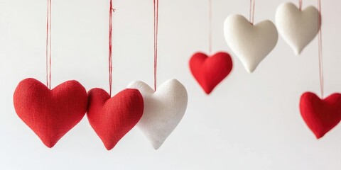 Leinwandbilder - Red and white handcrafted hearts suspended against a white backdrop. Copy space.