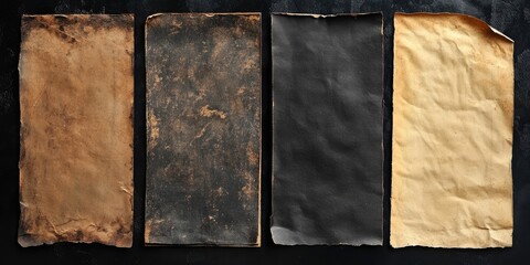 Poster - A collection of four intriguing textures of old, stained, yellowed, and darkened paper against a black background. Distinctive vintage texture of paper that has aged between 50 to 70 years.