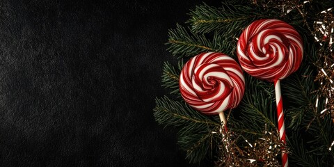Aufkleber - Holiday banner - Two lollipops and fir placed inside round tinsel on a black background. Christmas banner, space for text.