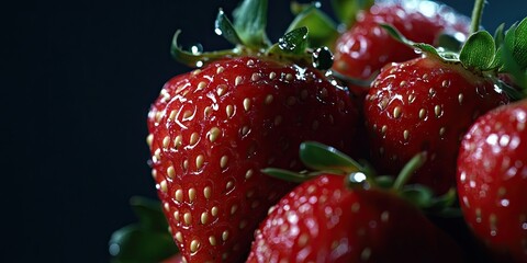 Poster - Close-up of fresh strawberries set against a dark background for use in various media.