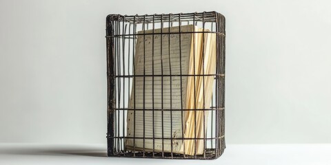 Fototapete - Opened school notebook inside a cage against a white background.