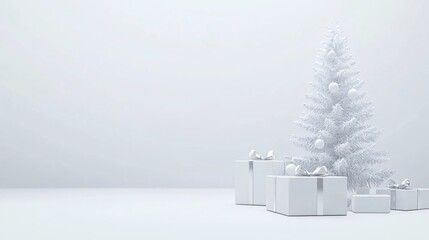 Poster - Modern minimalist living room with white and silver Christmas decor, clean and stylish, 3D illustration