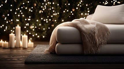 Poster - Warm living room with glowing Christmas lights, cozy and inviting atmosphere, 3D illustration