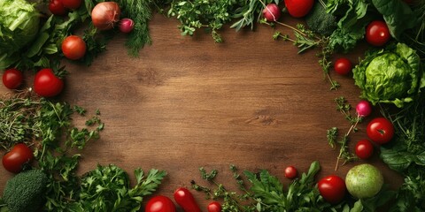 Poster - A circular arrangement of vegetables and herbs set against a wooden background, copy space, top view.