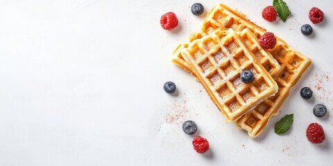 Poster - Homemade waffles on a white background, featuring copy space.
