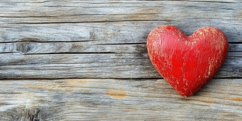 Poster - Red heart symbol on a wooden background, Valentine's Day theme.