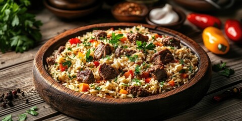 Poster - Traditional Pilaf with Lamb, Vegetables, and Spices on a Wooden Background. Side View.