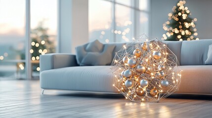 Poster - Modern loft with unique Christmas tree made of lights and geometric shapes, 3D illustration