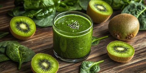 Aufkleber - Spinach and kiwi smoothie on a wooden surface