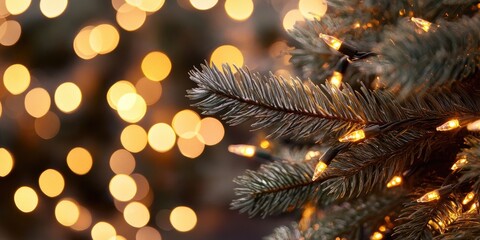 Poster - Decorative lights and a fir tree branch - Christmas decoration. New Year and Christmas theme. Selective focus. Shallow depth of field. Toned.