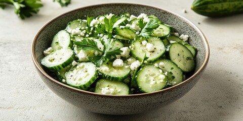 Poster - Bowl of cucumber and feta salad on a beige and grey granite surface, vertical shot with space, high-angle perspective.