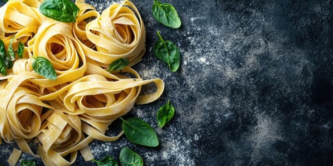 Aufkleber - Italian pasta food backdrop. Fresh vegan Italian pasta with spinach (Spinach Fettuccine Alfredo Pasta) on a dark surface. Vintage kitchen background. Copy space.
