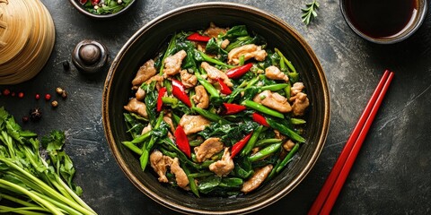 Aufkleber - Classic Chinese vegetable dish Stir-Fried Chinese Pea Shoots and Chicken Hearts with Tea.