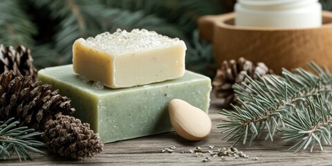Poster - Pine essential oil, handcrafted soap, cream infused with pine extract, and spa treatments set against a wooden background.