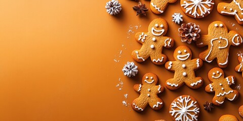 Fototapete - Christmas backdrop featuring gingerbread cookies. Copy space, top view.