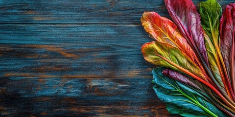Poster - Multi-colored Swiss chard on a wooden surface. Top view. Copy space. Zero waste, organic vegetable concept. Food for vegan and vegetarian diets.