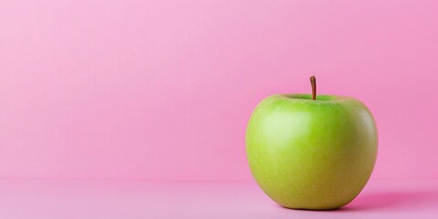 Poster - Green apple on a background featuring two shades of pink duotone. Area for text. Minimalist healthy food diet idea.