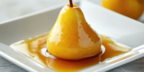 Sticker - Pear in orange juice on a white square plate. A vegetarian dessert.