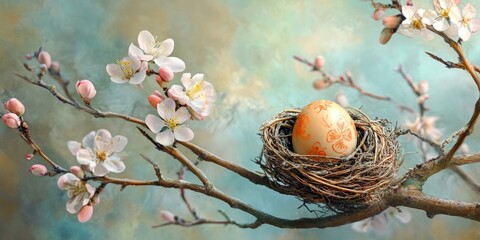 Poster - Easter egg in the nest on the almond branch