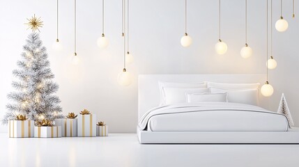Poster - Simple bedroom with white and gold Christmas decor, tranquil and festive, 3D illustration