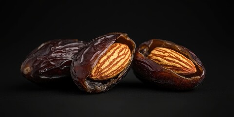 Poster - Dates filled with almonds, isolated against a black background. Selective focus.