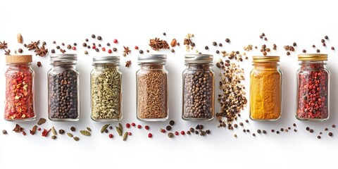 Poster - Collection of spices in jars positioned on a white background.