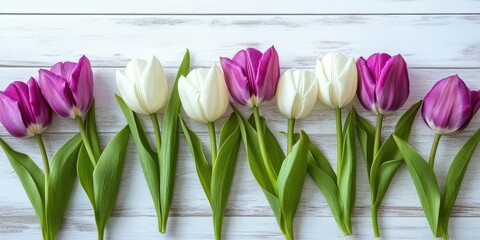 Poster - Beautiful white and purple tulips on a white wooden surface. Spring. International Women's Day. Valentine's Day. Selective focus.