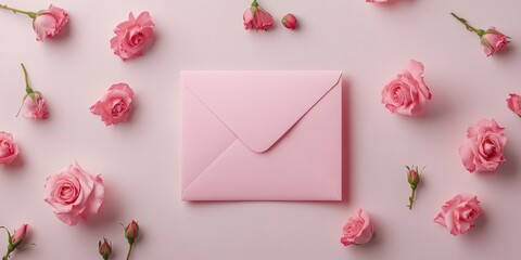 Aufkleber - Empty pink envelope mockup with pink rose buds, festive background, copyspace.
