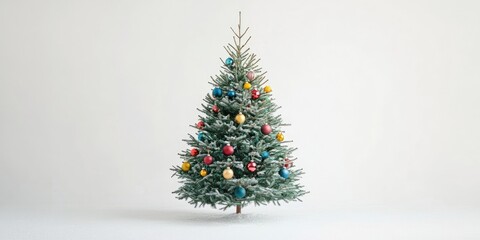 Aufkleber - Joyful studio photo of an elegant natural Christmas tree adorned with colorful ornaments, set against a white background.