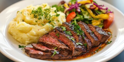 Poster - Sliced flank steak marinated in spicy Jerk Sauce, accompanied by mashed potatoes and a fresh garden salad with honey mustard dressing.