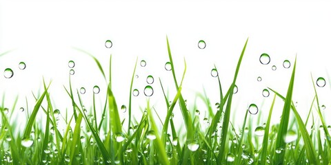 Aufkleber - green grass with gleaming dew drops on a white background side view
