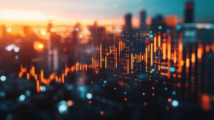 Poster - Financial data visualization with city skyline background, glowing bars and lines