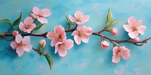 Sticker - Peach blossoms on a pastel blue background. Flowering fruit.