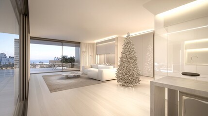 Poster - Small apartment living room with compact Christmas tree and festive accents, 3D illustration