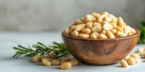 Aufkleber - Shelled Raw Pine Nuts in a Wooden Bowl, Light Background, Copy Space, shallow Depth of Field.