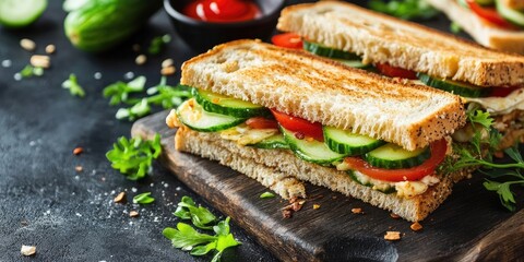 Poster - Delicious sandwich with fresh cucumber on the table.