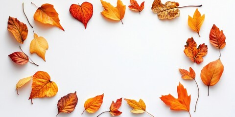 Poster - Autumn Love arrangement. A frame created from autumn leaves on a white background. Flat lay, top view.