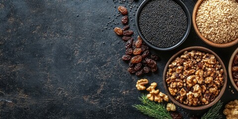 Aufkleber - Ukrainian kutia ingredients placed in bowls: wheat, raisins, poppy seeds, walnuts, and dried apples. Top view. Copy space.