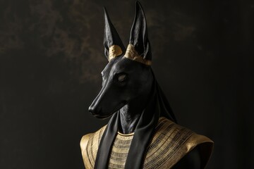 Black jackal god anubis statue wearing a golden headband is looking down with a dark background