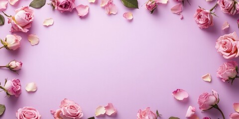 Aufkleber - Purple paper card with space for text or copy, framed by lovely pink delicate roses along with petals and leaves. Floral feminine note.