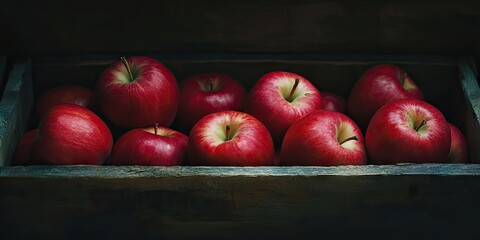 Poster - Cluster of ripe red apples in a wooden box with dim light in a dark room, featuring copy space for text.